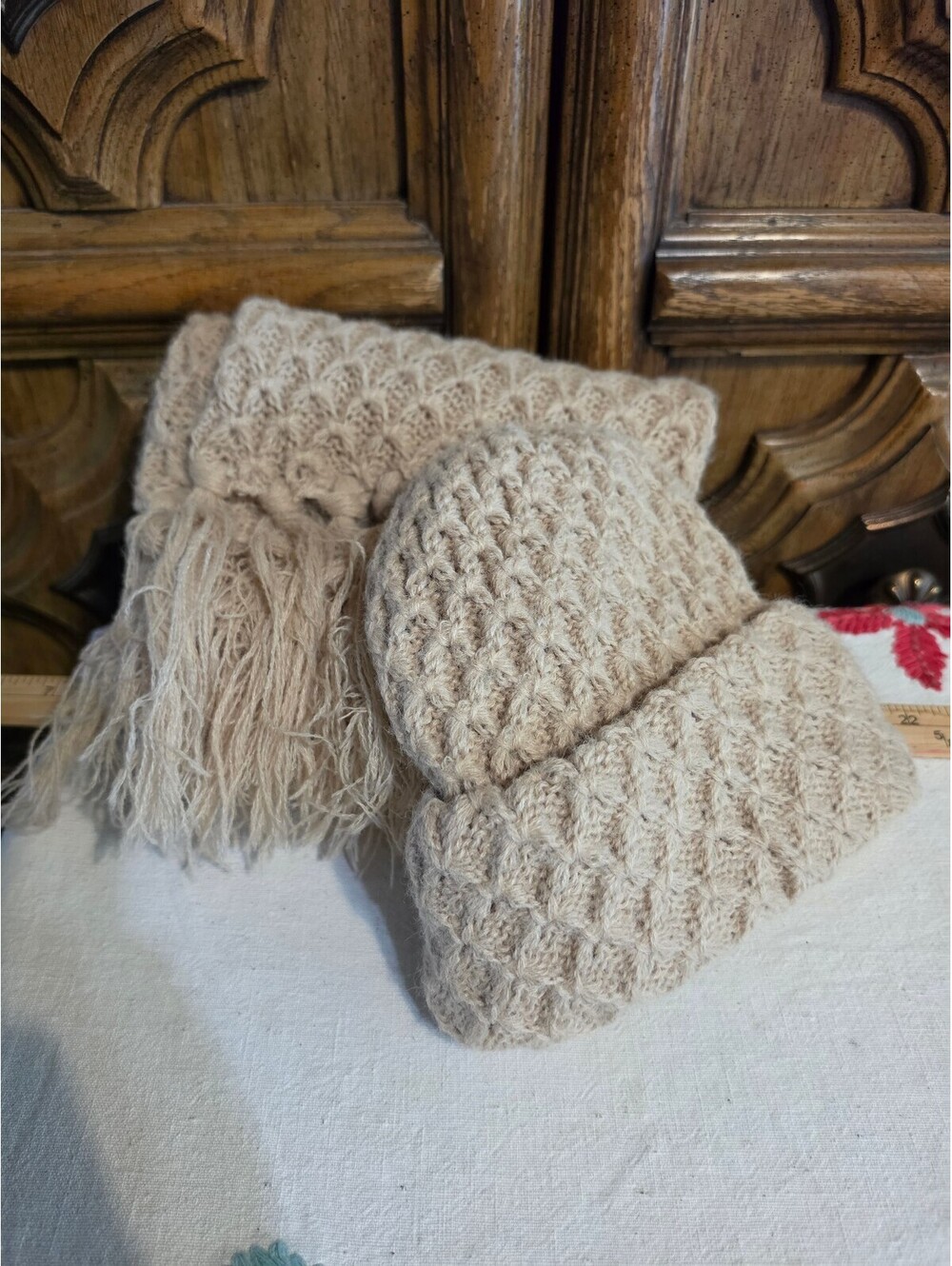 Vintage Knit Hat & Scarf Set – Oatmeal Tan, Made in Japan, 100% Acrylic